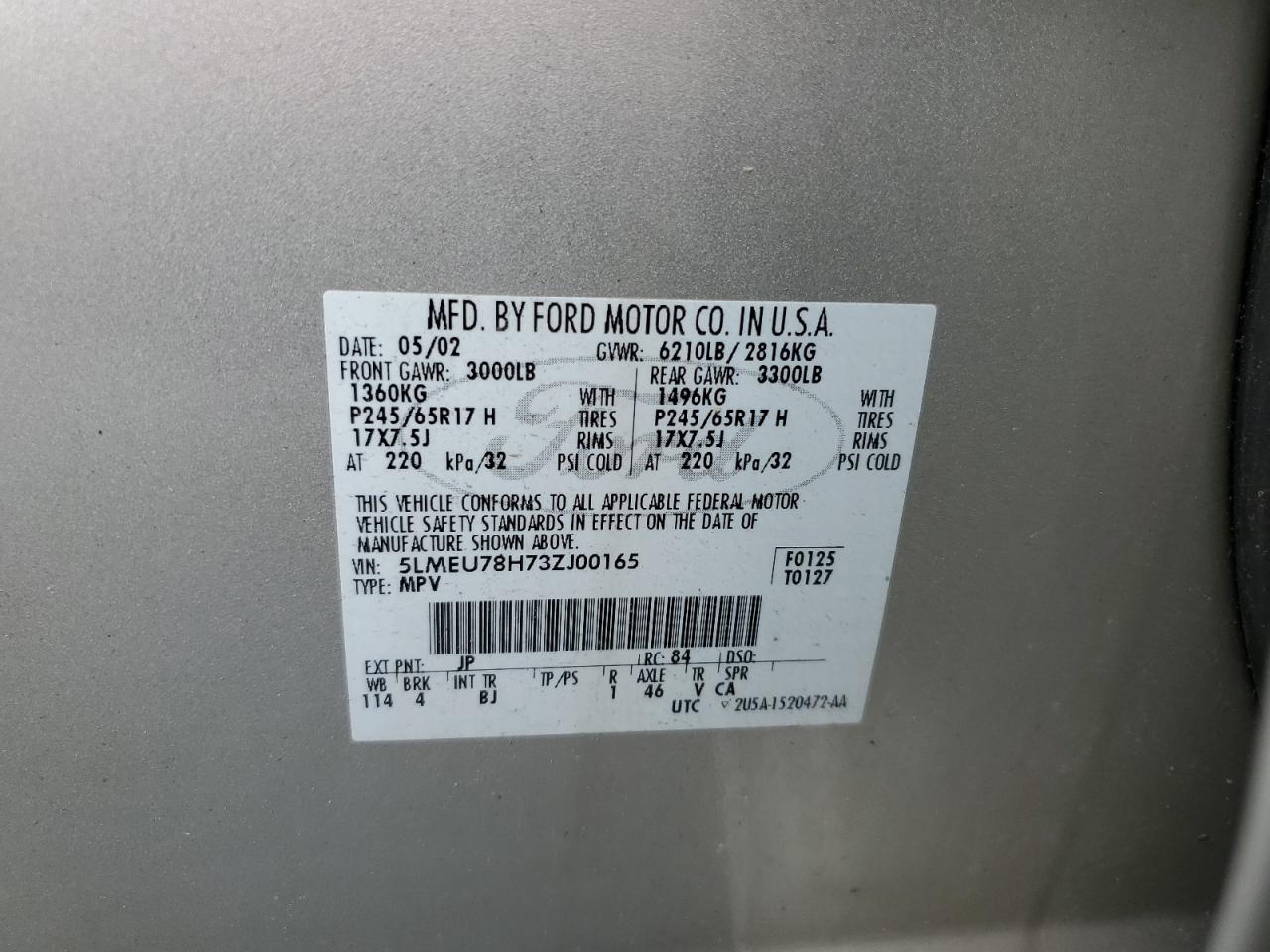 2003 Lincoln Aviator VIN: 5LMEU78H73ZJ00165 Lot: 57132885