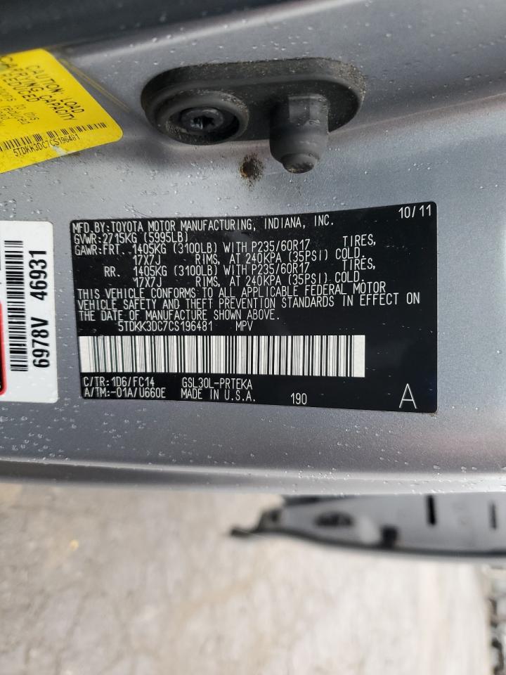 2012 Toyota Sienna Le VIN: 5TDKK3DC7CS196481 Lot: 56852995