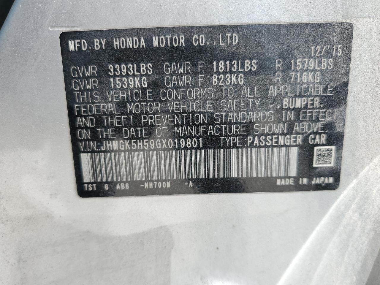 JHMGK5H59GX019801 HONDA FIT 2016