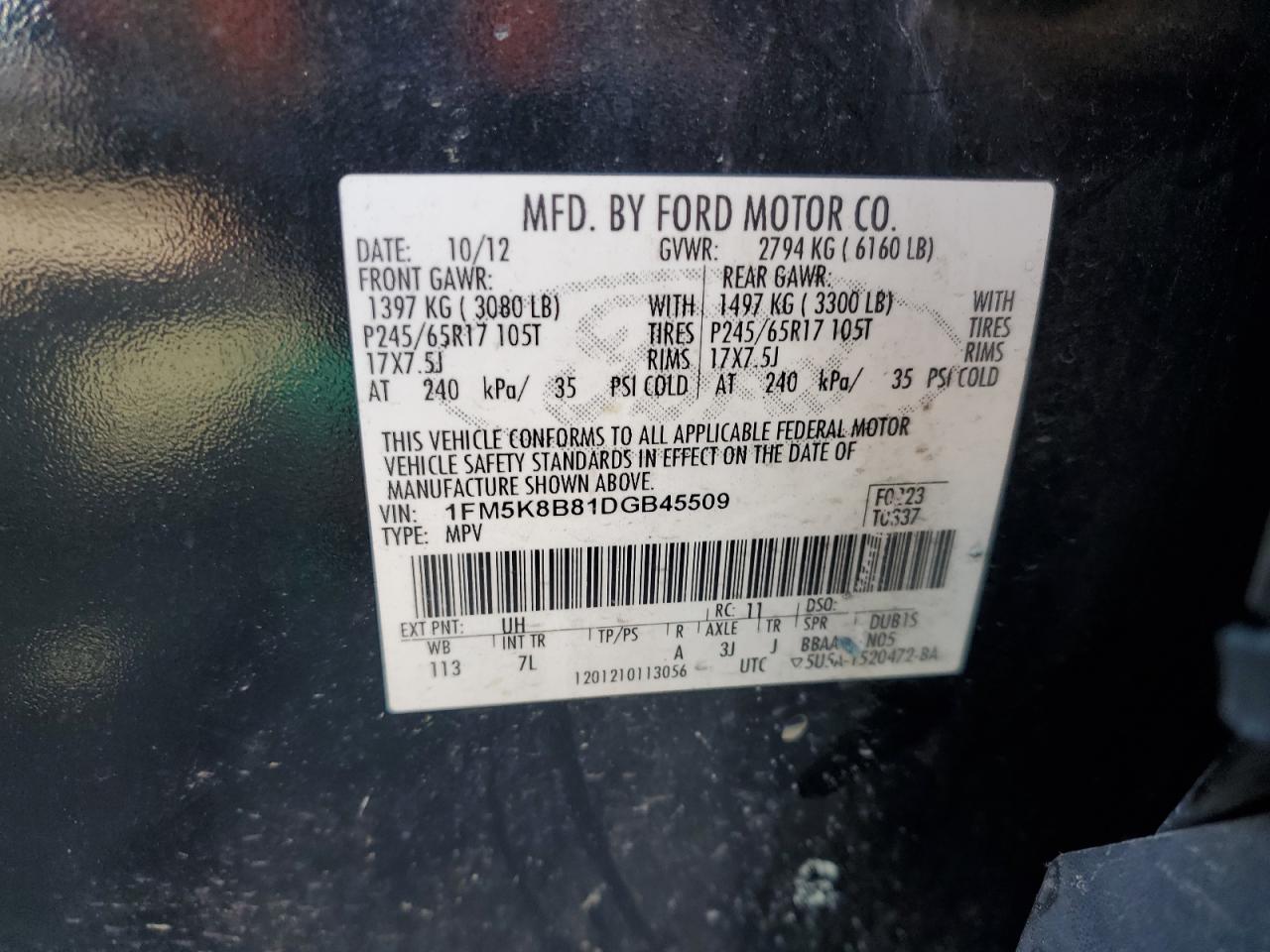 2013 Ford Explorer VIN: 1FM5K8B81DGB45509 Lot: 55831835