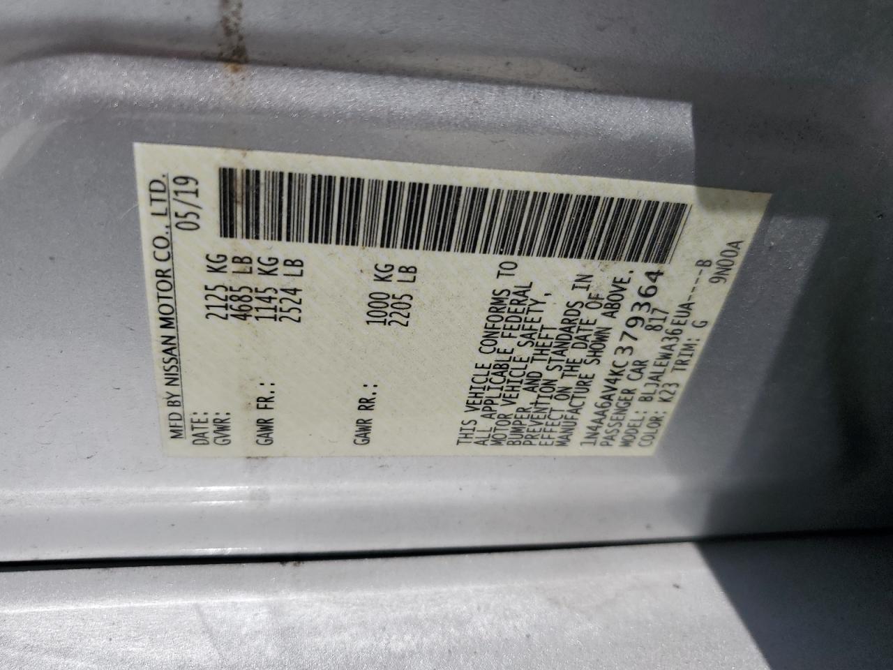 1N4AA6AV4KC379364 NISSAN MAXIMA 2019