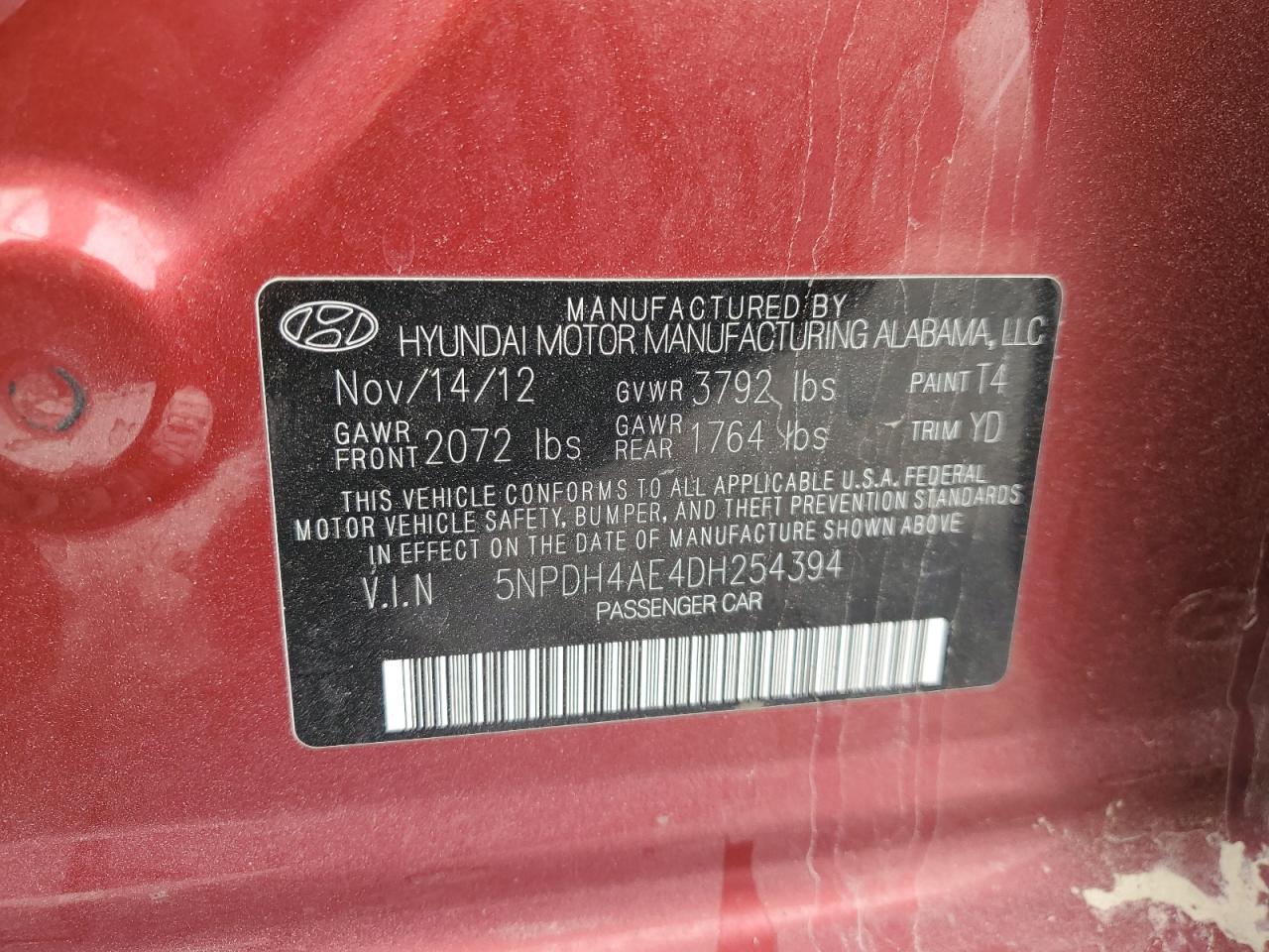 2013 Hyundai Elantra Gls VIN: 5NPDH4AE4DH254394 Lot: 56541525