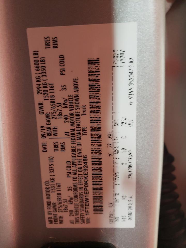 2019 Ford F150 Supercrew VIN: 1FTEW1EP0KKE92486 Lot: 55780825