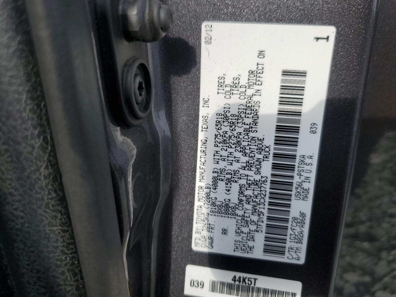 2012 Toyota Tundra Crewmax Sr5 VIN: 5TFDY5F13CX237763 Lot: 57169615