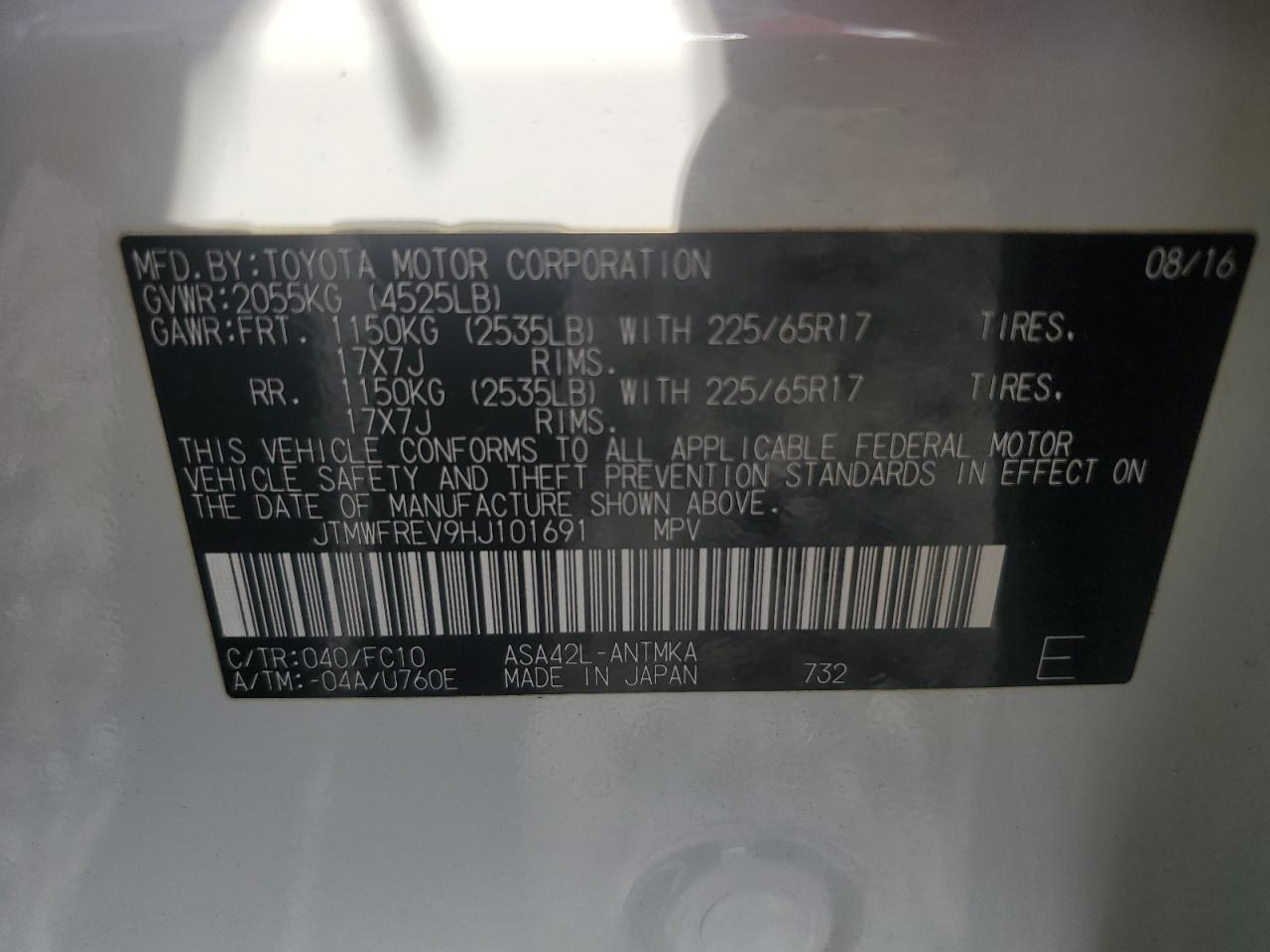 JTMWFREV9HJ101691 TOYOTA RAV4 2017