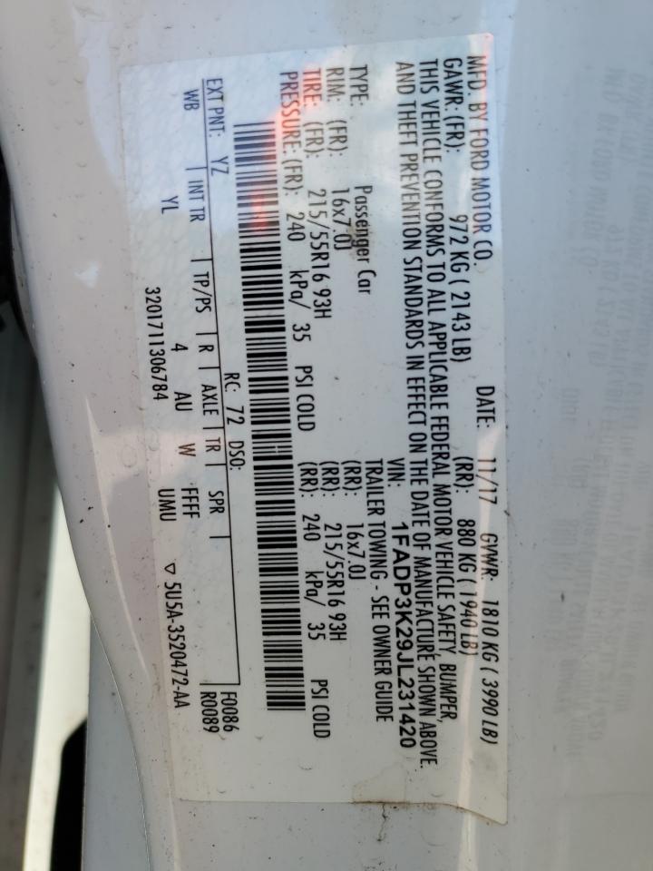 1FADP3K29JL231420 FORD FOCUS 2018