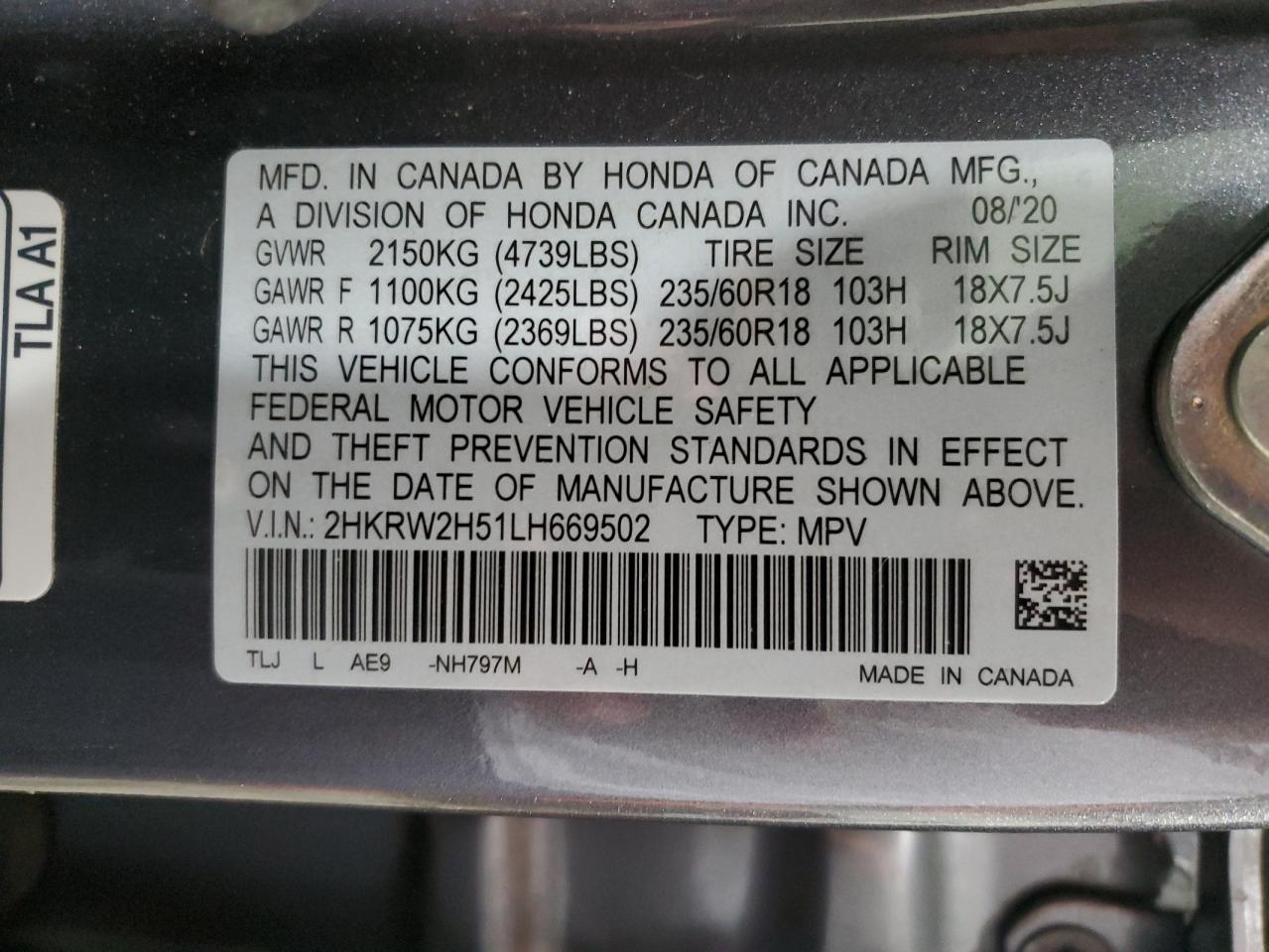2HKRW2H51LH669502 HONDA CRV 2020