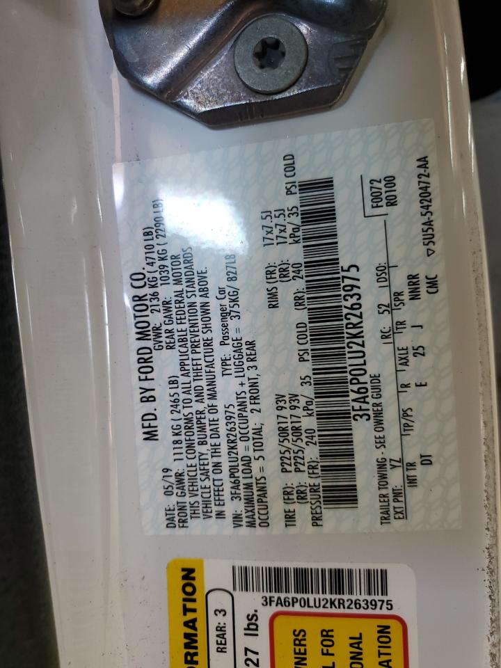 2019 Ford Fusion Se VIN: 3FA6P0LU2KR263975 Lot: 54043275