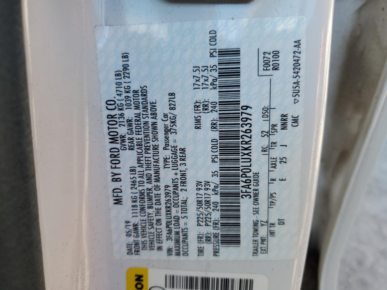 2019 Ford Fusion Se VIN: 3FA6P0LUXKR263979 Lot: 54024835