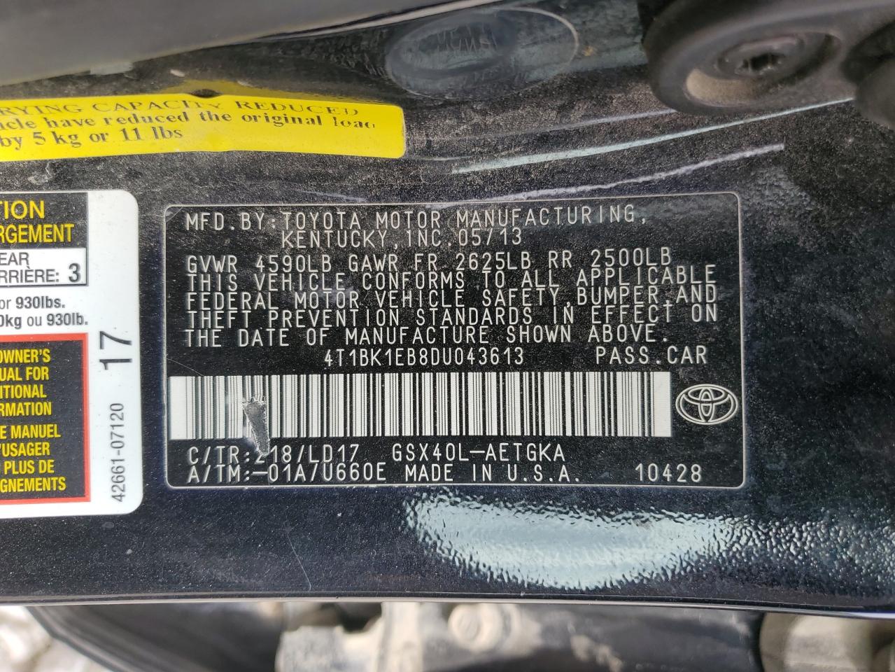 2013 Toyota Avalon Base VIN: 4T1BK1EB8DU043613 Lot: 56830305