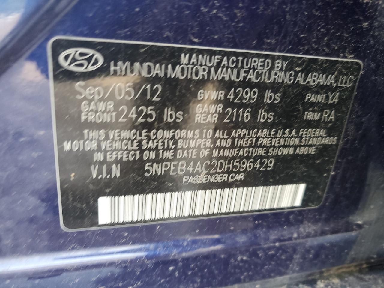 2013 Hyundai Sonata Gls VIN: 5NPEB4AC2DH596429 Lot: 81614565