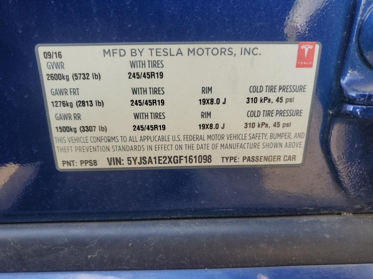 2016 Tesla Model S VIN: 5YJSA1E2XGF161098 Lot: 58374665