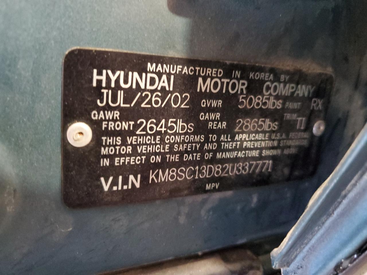 2002 Hyundai Santa Fe Gls VIN: KM8SC13D82U337771 Lot: 55555785