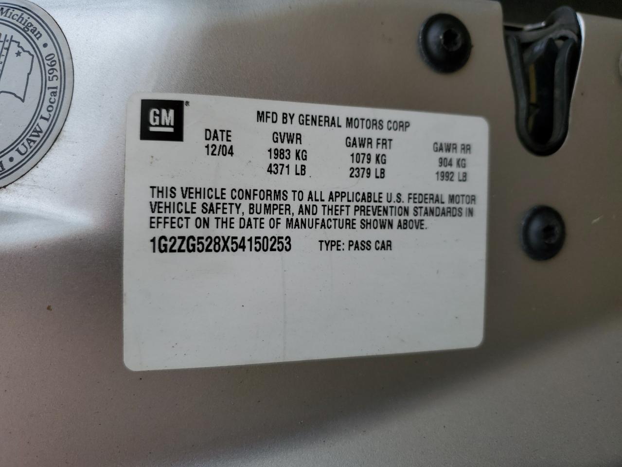 2005 Pontiac G6 VIN: 1G2ZG528X54150253 Lot: 57526235