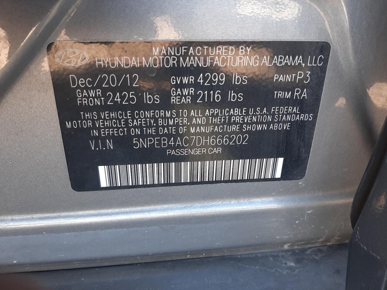 2013 Hyundai Sonata Gls VIN: 5NPEB4AC7DH666202 Lot: 56238945