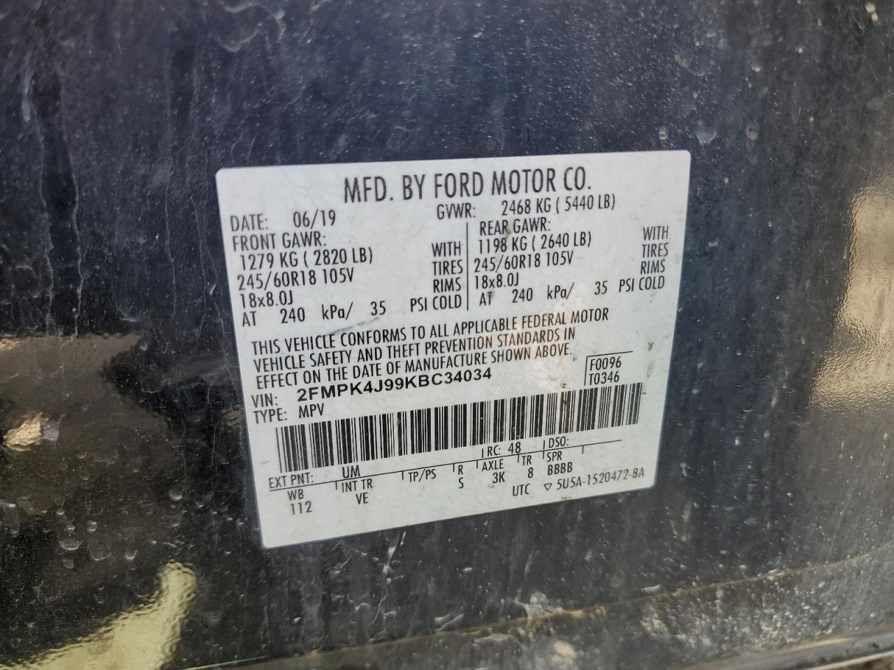 2019 Ford Edge Sel VIN: 2FMPK4J99KBC34034 Lot: 56987235