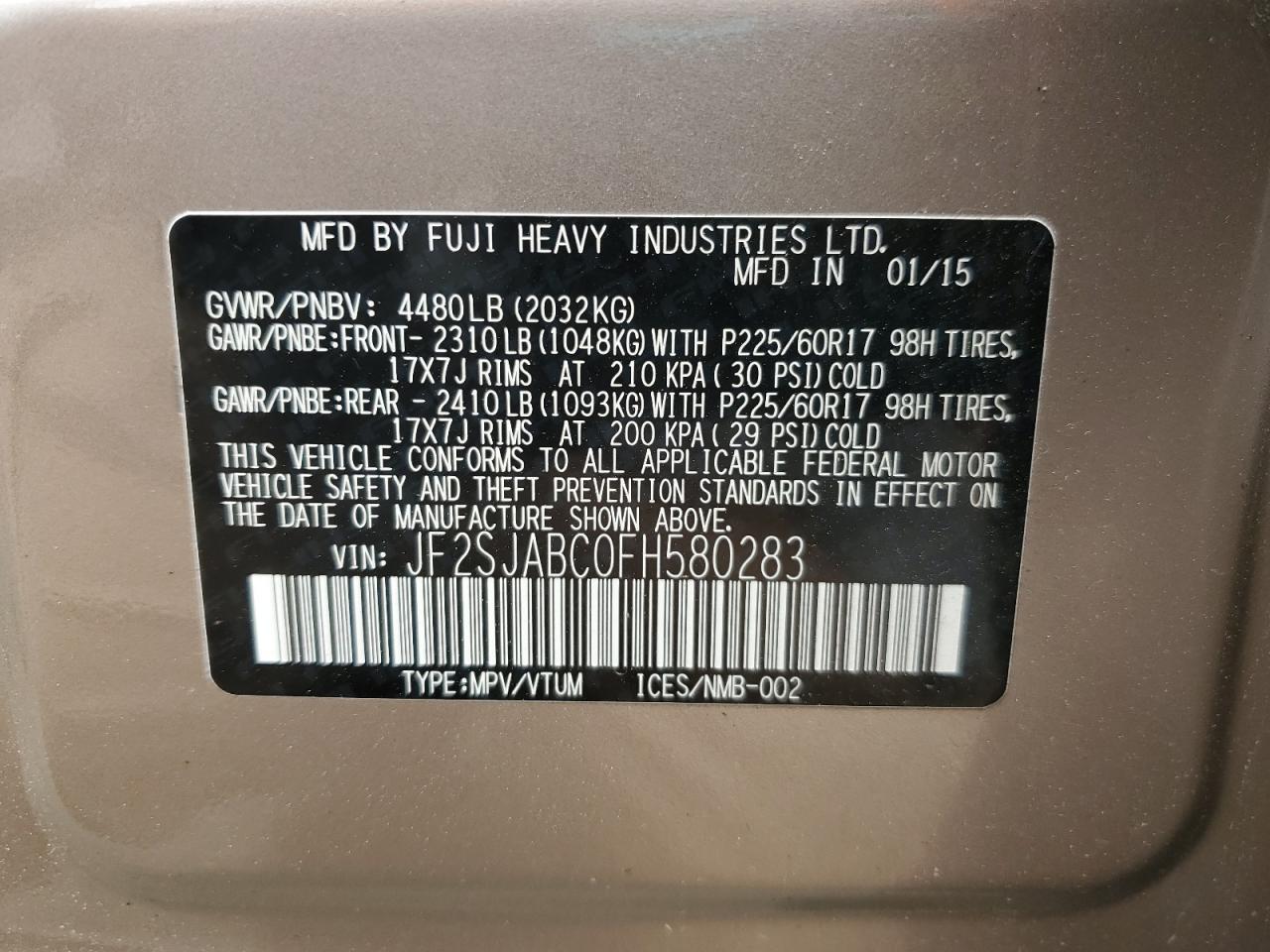 2015 Subaru Forester 2.5I VIN: JF2SJABC0FH580283 Lot: 56006735