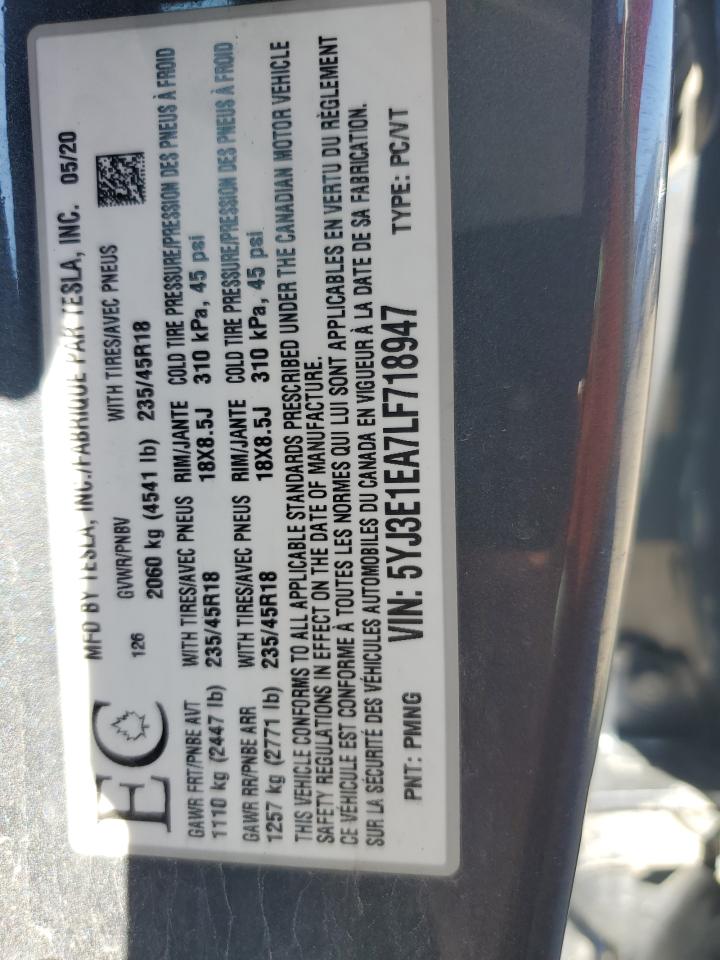 2020 Tesla Model 3 VIN: 5YJ3E1EA7LF718947 Lot: 57578625