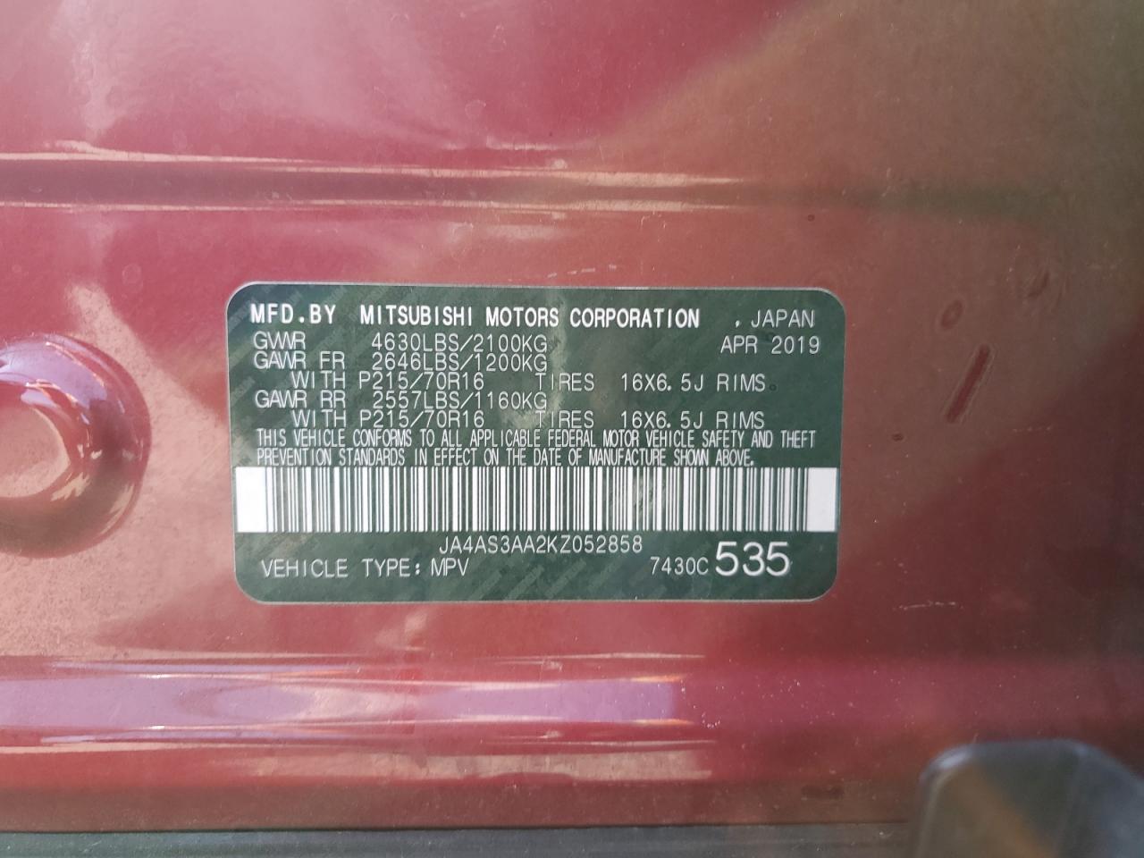 2019 Mitsubishi Eclipse Cross Es VIN: JA4AS3AA2KZ052858 Lot: 56787035