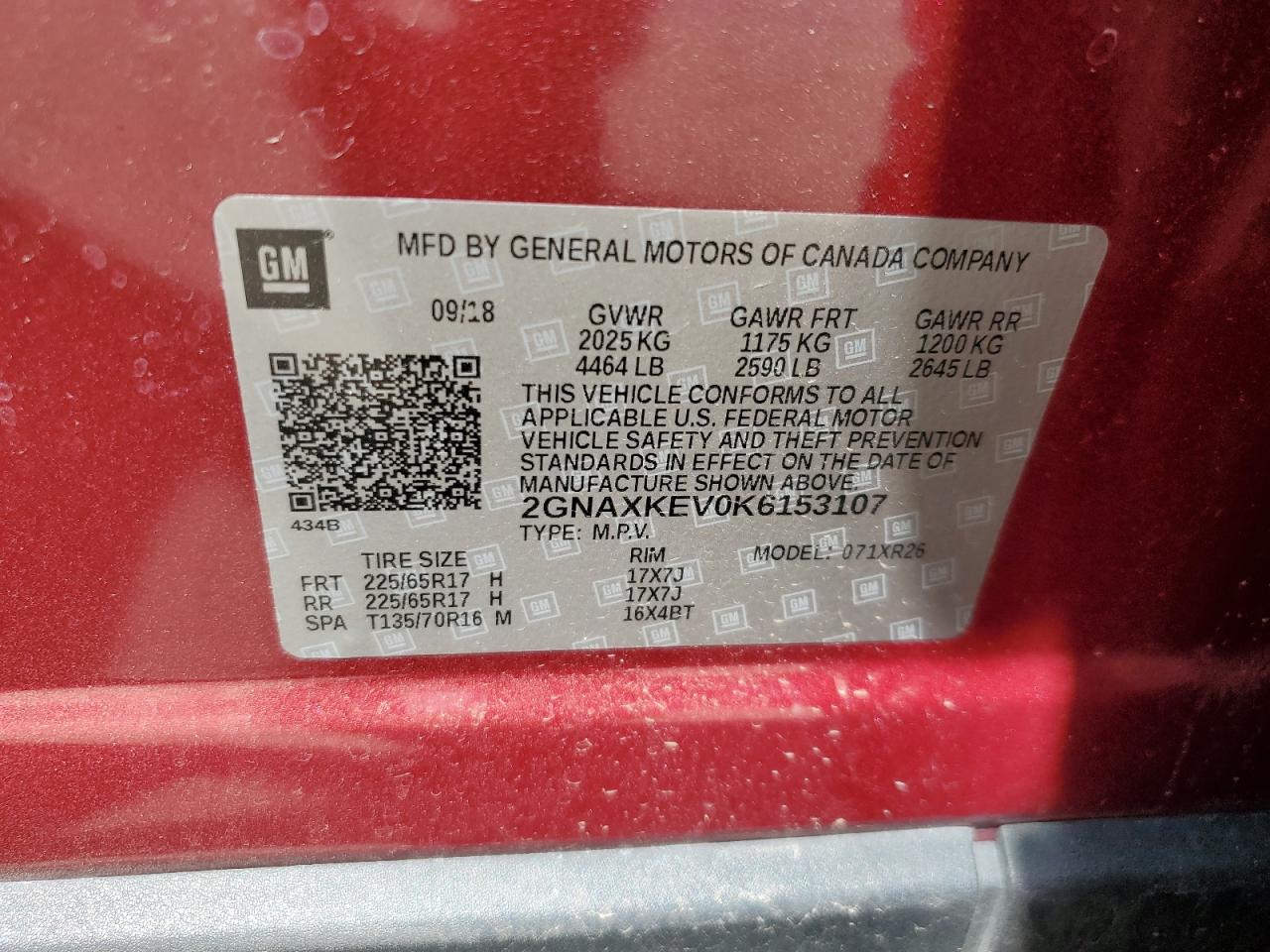 2GNAXKEV0K6153107 CHEVROLET EQUINOX 2019