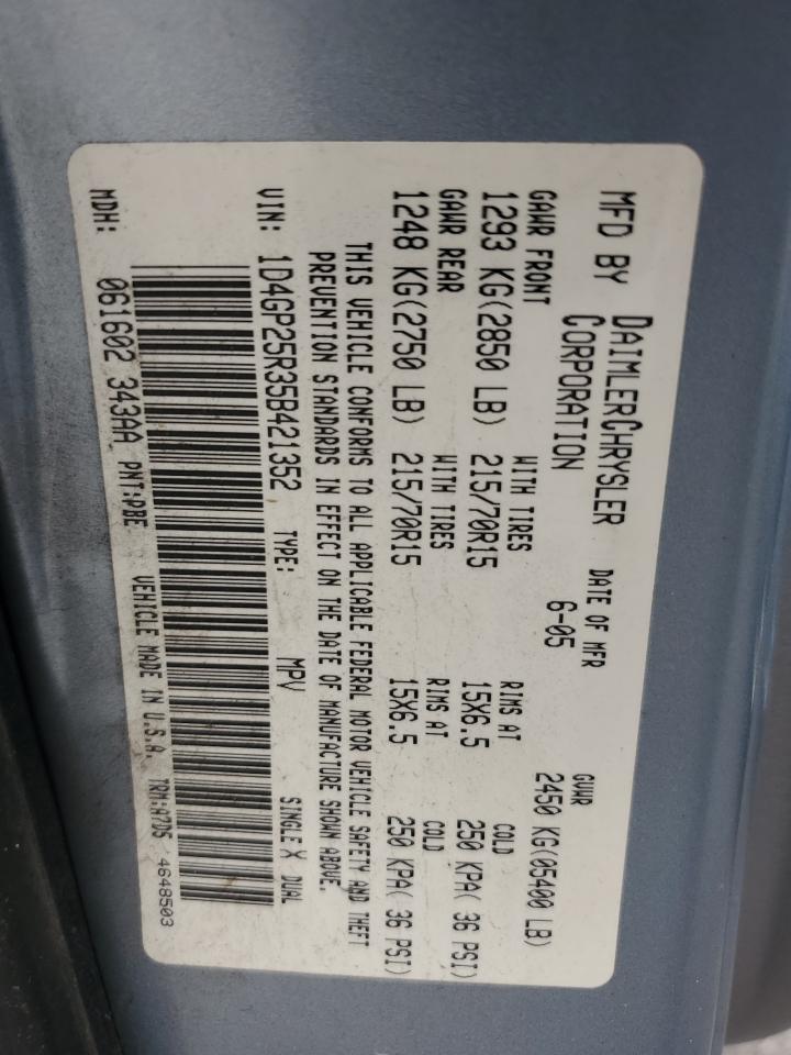 2005 Dodge Caravan Se VIN: 1D4GP25R35B421352 Lot: 57294505