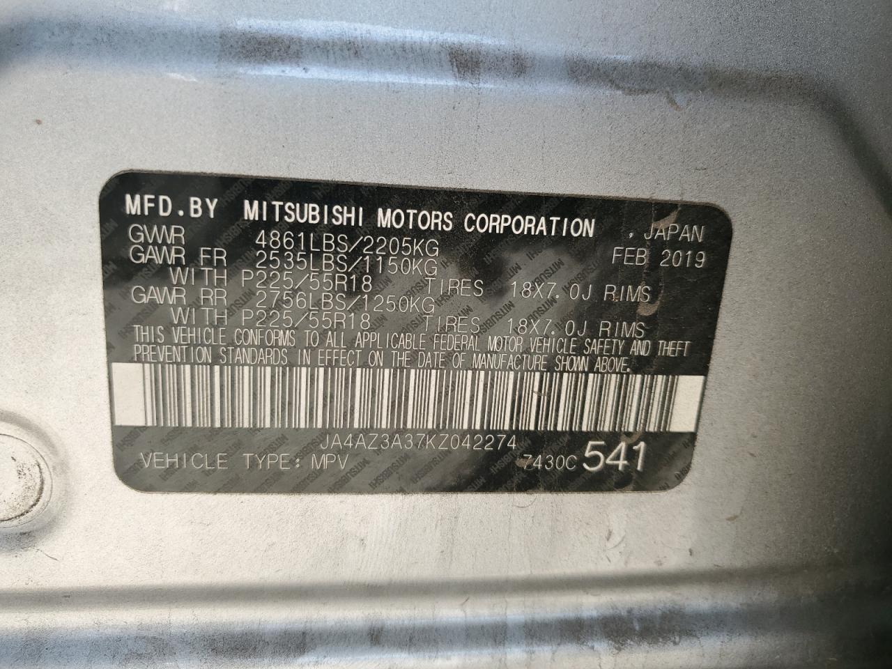 2019 Mitsubishi Outlander Se VIN: JA4AZ3A37KZ042274 Lot: 56708265