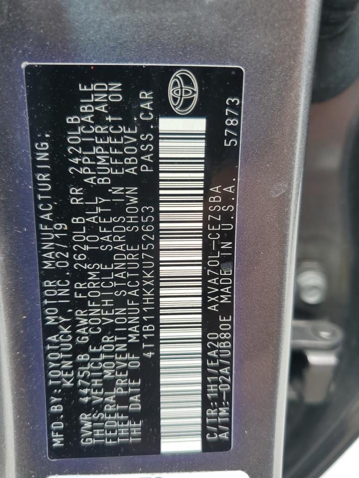 4T1B11HKXKU752653 TOYOTA CAMRY 2019