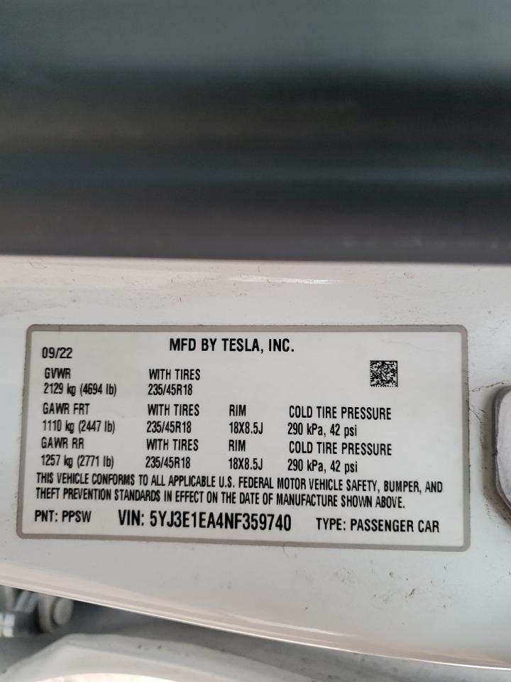 2022 Tesla Model 3 VIN: 5YJ3E1EA4NF359740 Lot: 54697635
