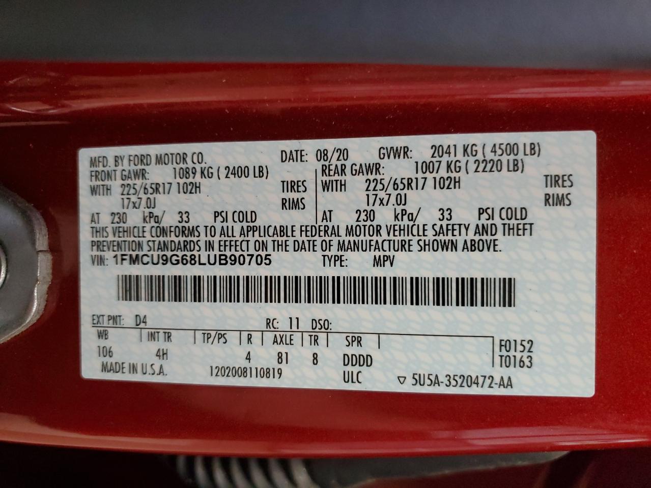 1FMCU9G68LUB90705 FORD ESCAPE 2020
