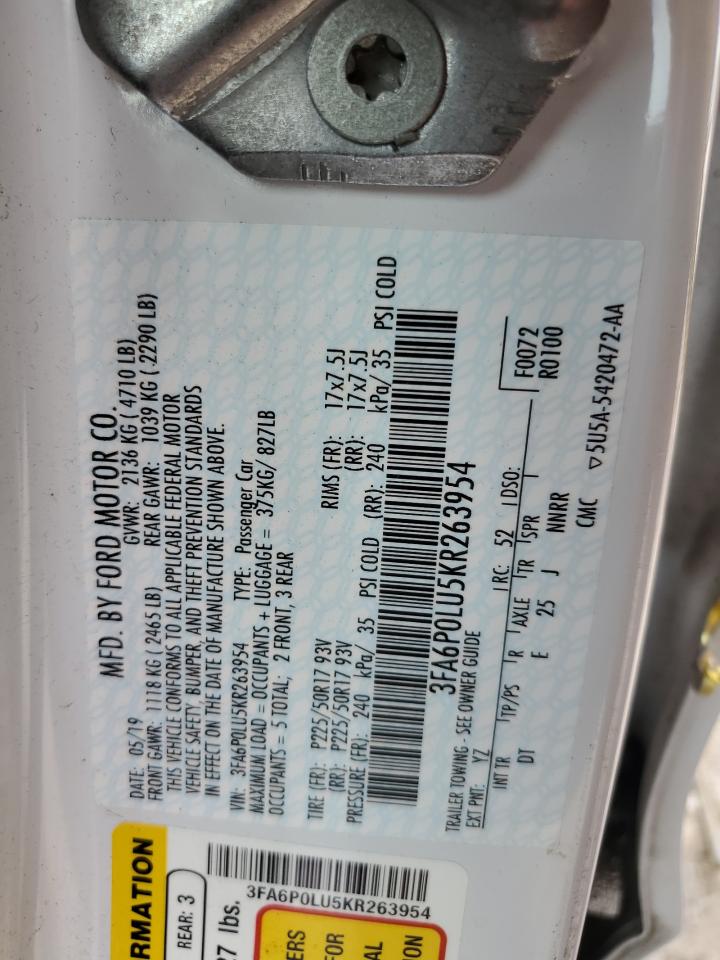 2019 Ford Fusion Se VIN: 3FA6P0LU5KR263954 Lot: 54042925