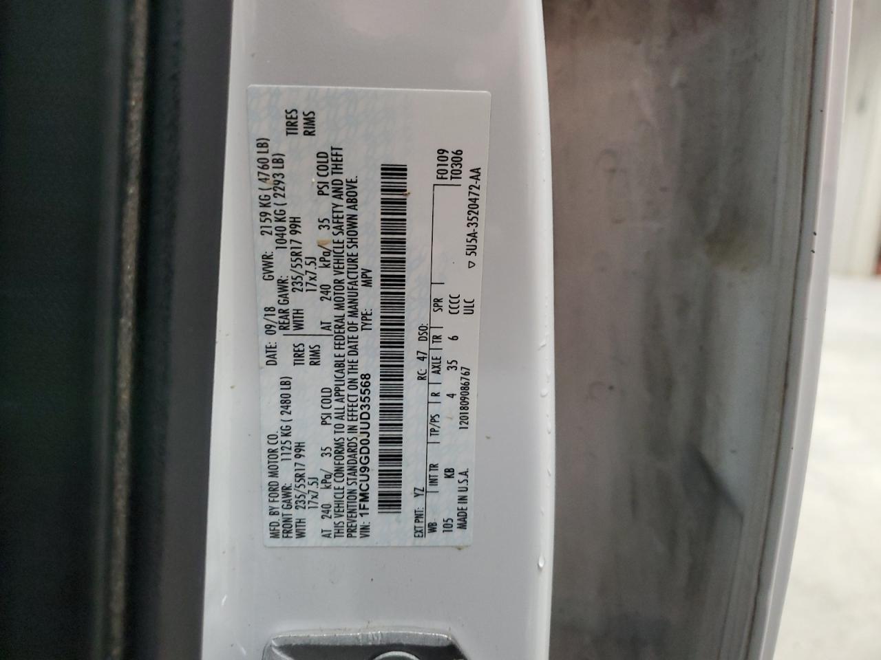 1FMCU9GD0JUD35568 FORD ESCAPE 2018