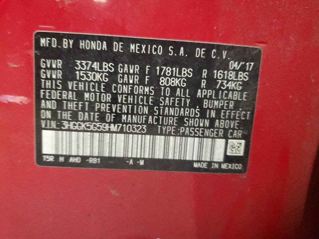 3HGGK5G59HM710323 HONDA FIT 2017