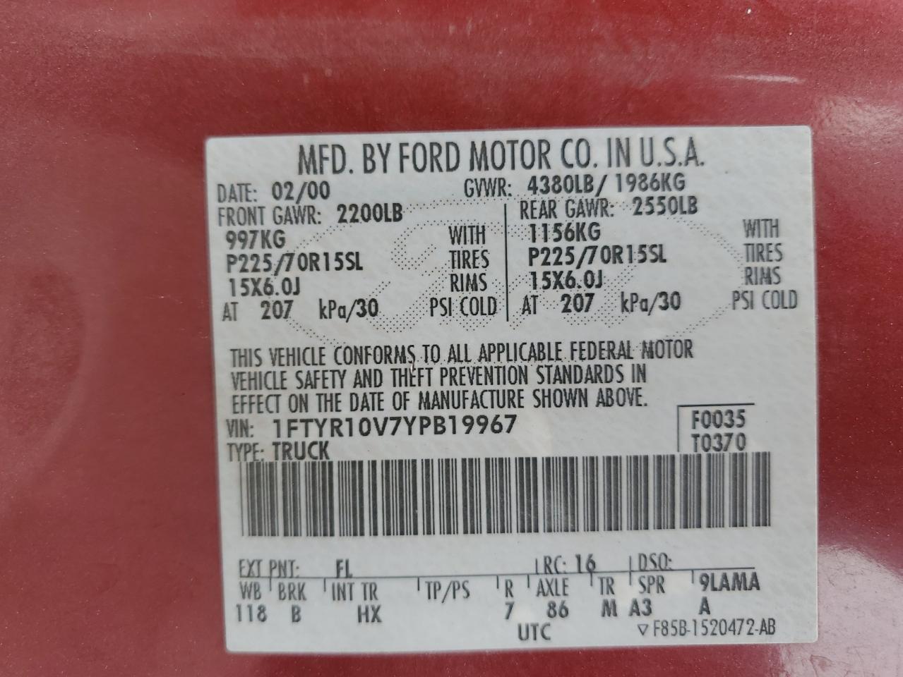 2000 Ford Ranger VIN: 1FTYR10V7YPB19967 Lot: 56540575
