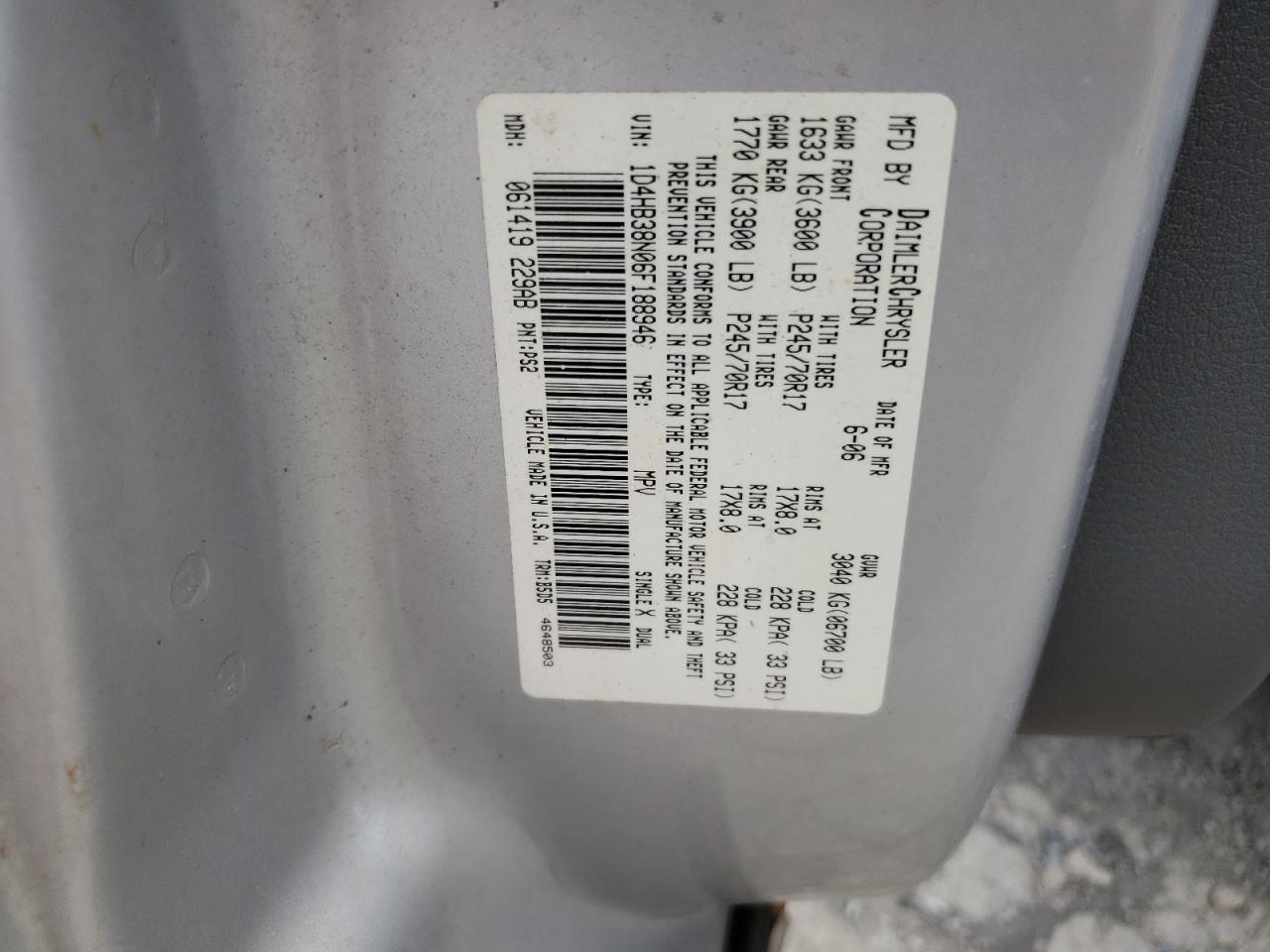 2006 Dodge Durango Sxt VIN: 1D4HB38N06F188946 Lot: 56182945