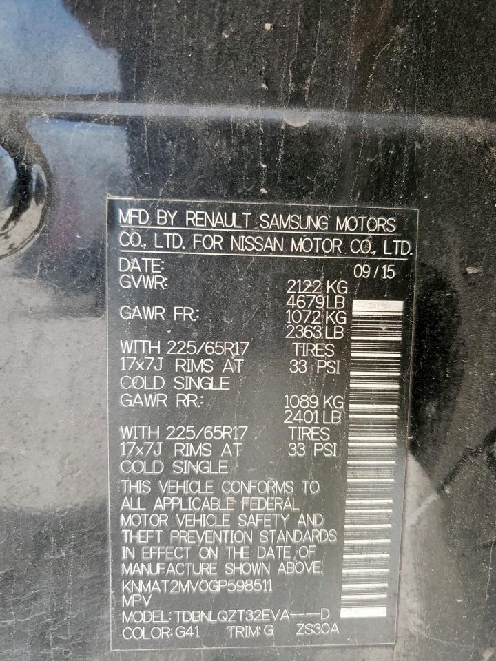 KNMAT2MV0GP598511 NISSAN ROGUE 2016