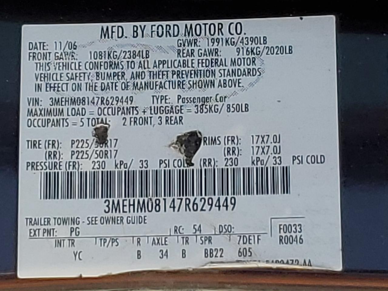 2007 Mercury Milan Premier VIN: 3MEHM08147R629449 Lot: 56510755