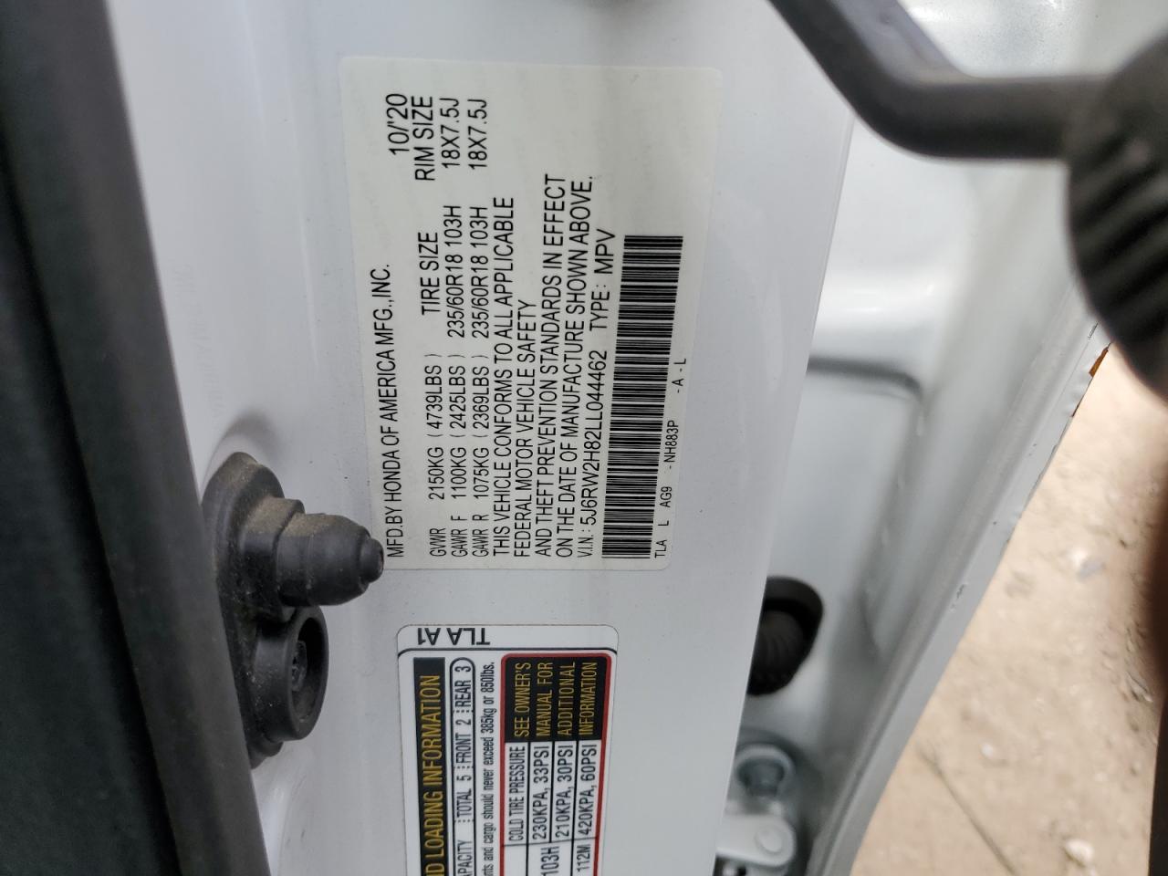 2020 Honda Cr-V Exl VIN: 5J6RW2H82LL044462 Lot: 57272305