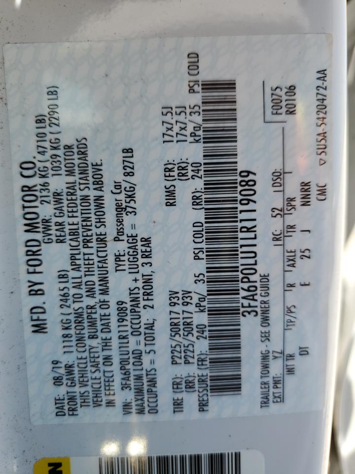 2020 Ford Fusion Se VIN: 3FA6P0LU1LR119089 Lot: 54028545