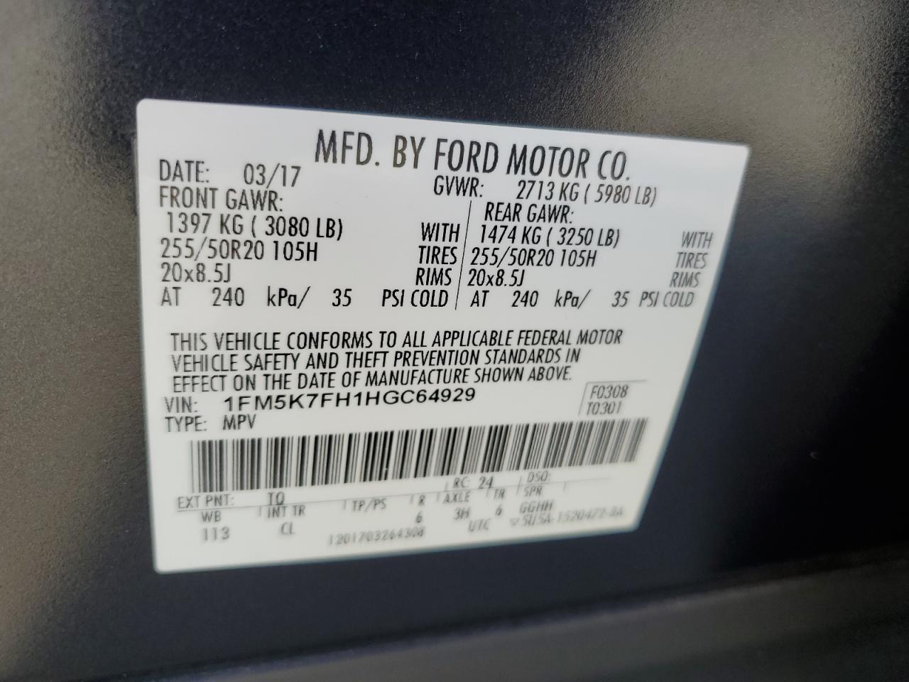 1FM5K7FH1HGC64929 FORD EXPLORER 2017