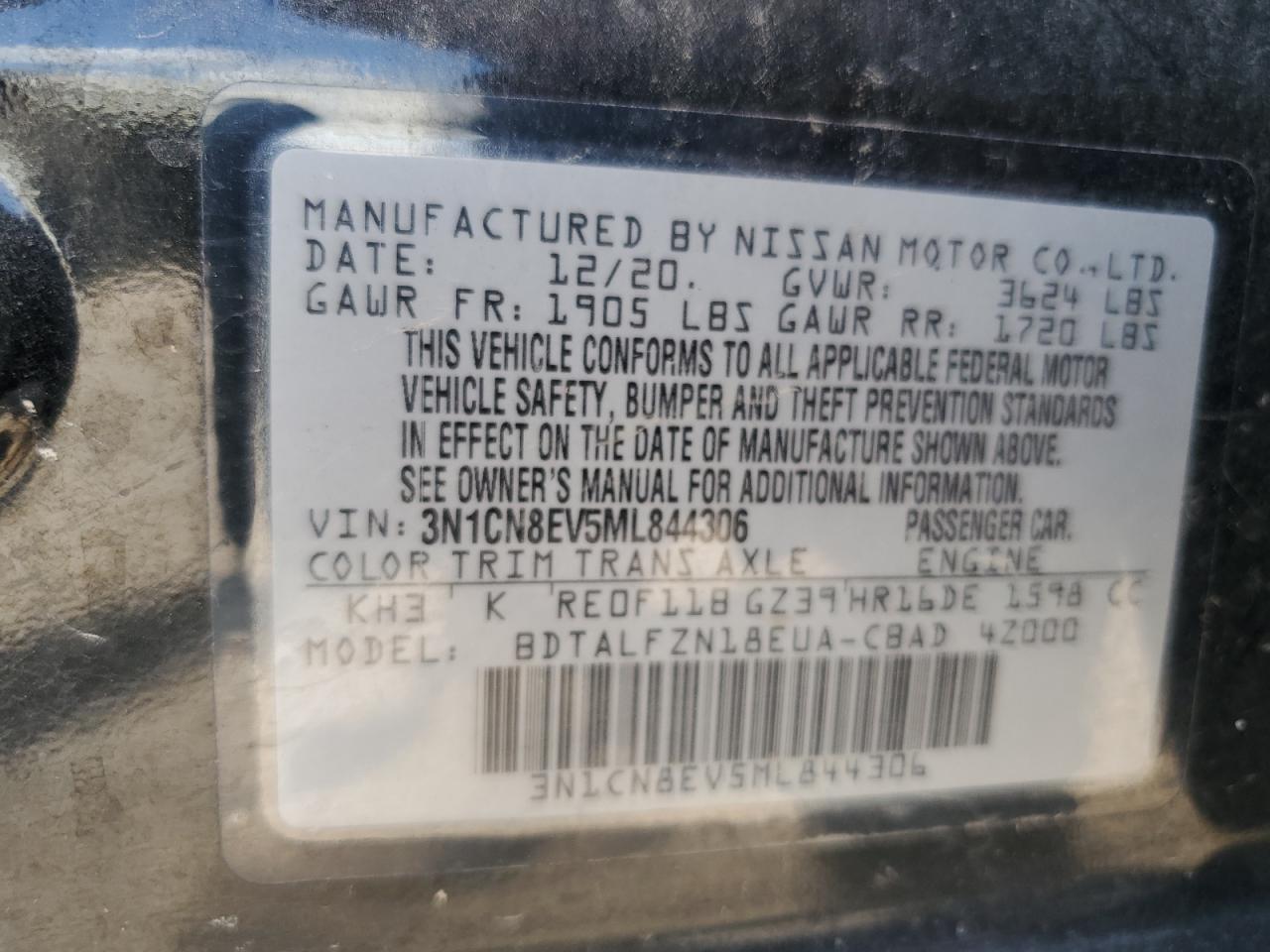 3N1CN8EV5ML844306 NISSAN VERSA 2021