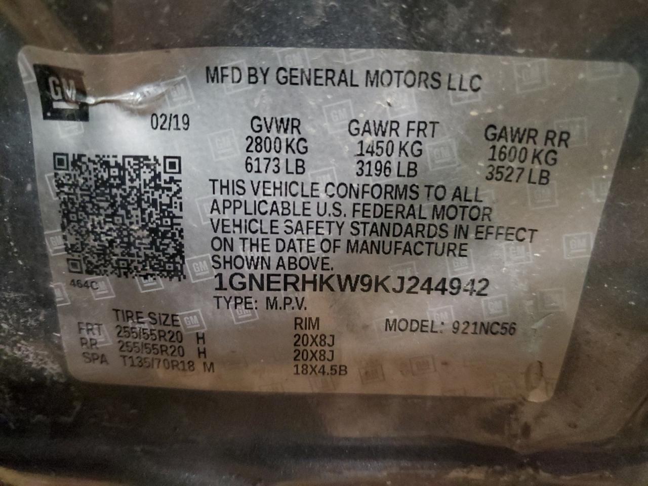 1GNERHKW9KJ244942 CHEVROLET TRAVERSE 2019