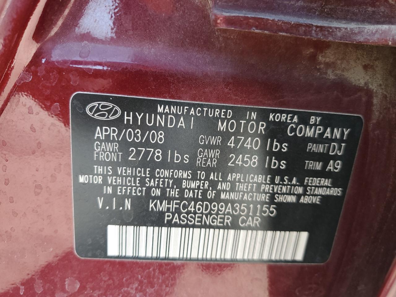 2009 Hyundai Azera Gls VIN: KMHFC46D99A351155 Lot: 56517695