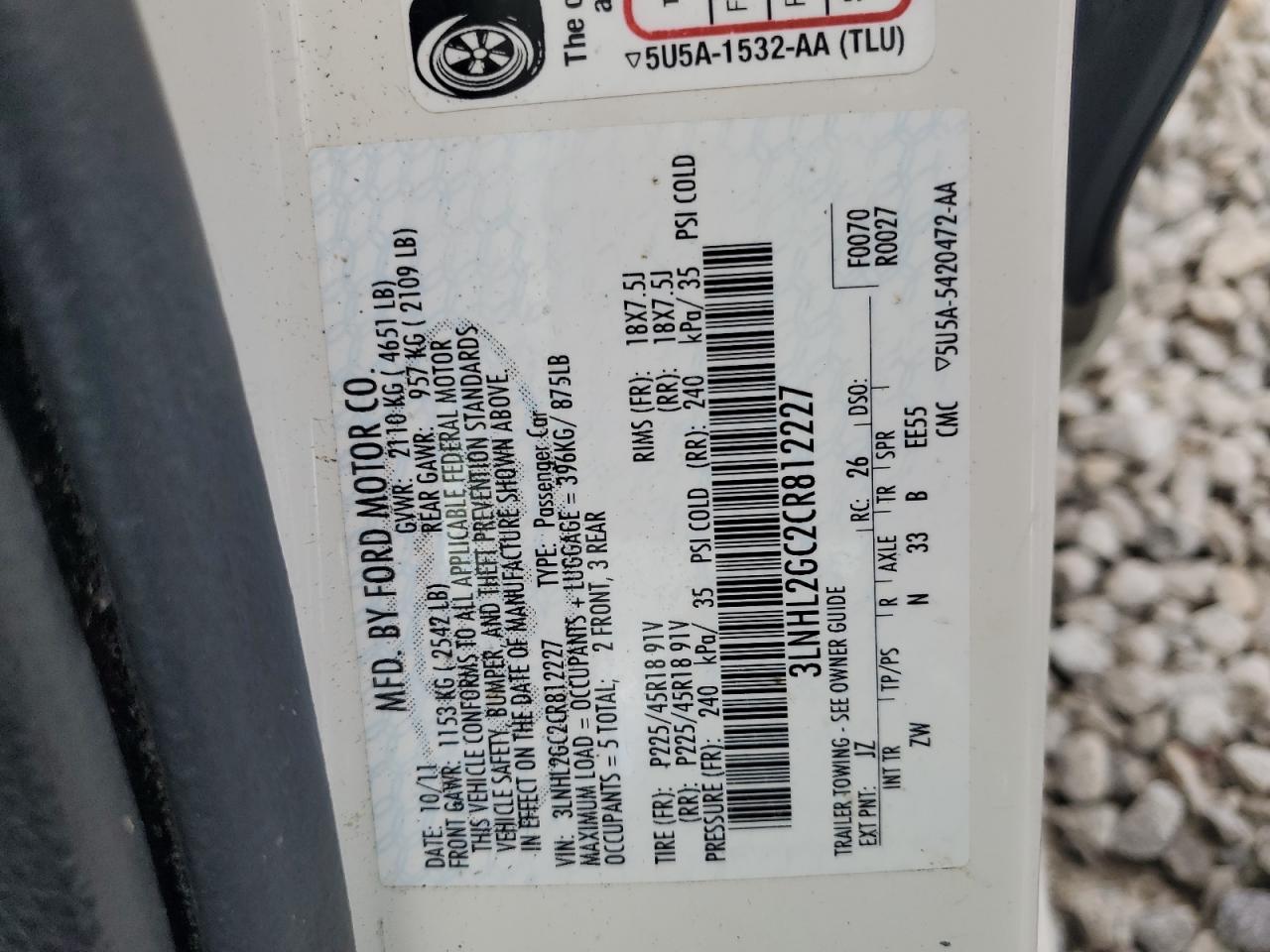 2012 Lincoln Mkz VIN: 3LNHL2GC2CR812227 Lot: 55558175