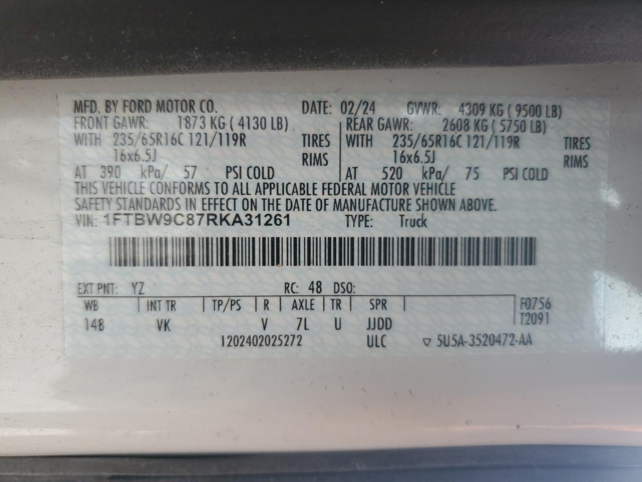 1FTBW9C87RKA31261 FORD TRANSIT 2024