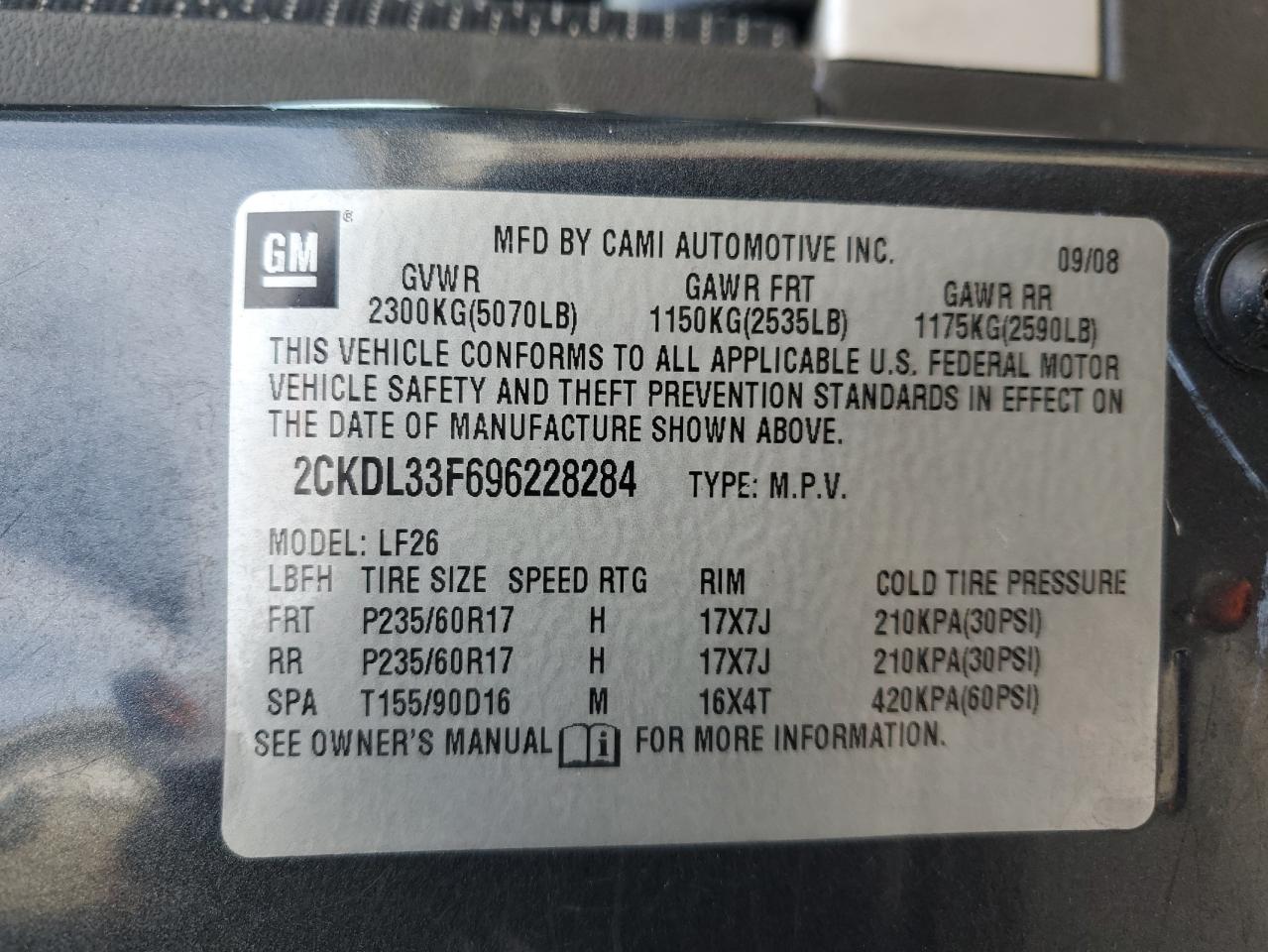 2009 Pontiac Torrent VIN: 2CKDL33F696228284 Lot: 56331725