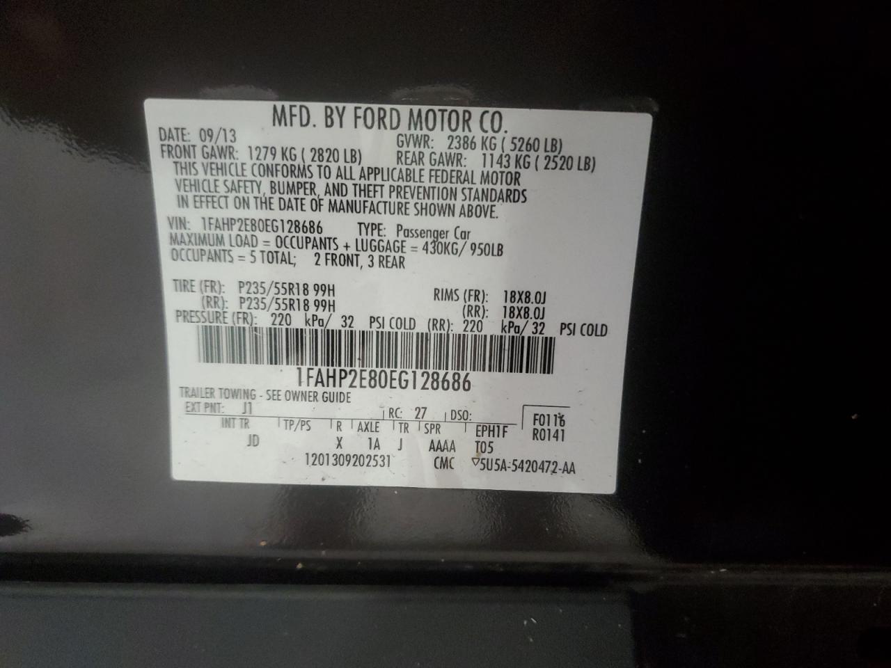 2014 Ford Taurus Sel VIN: 1FAHP2E80EG128686 Lot: 57158255