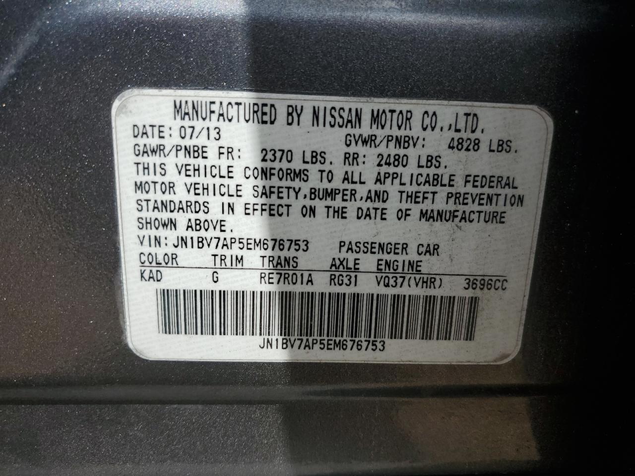 2014 Infiniti Q50 Base VIN: JN1BV7AP5EM676753 Lot: 55850215