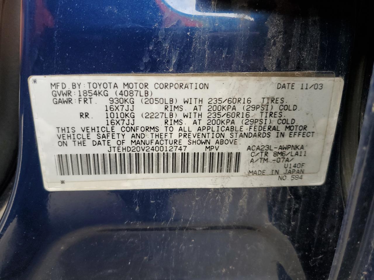 2004 Toyota Rav4 VIN: JTEHD20V240012747 Lot: 54577005