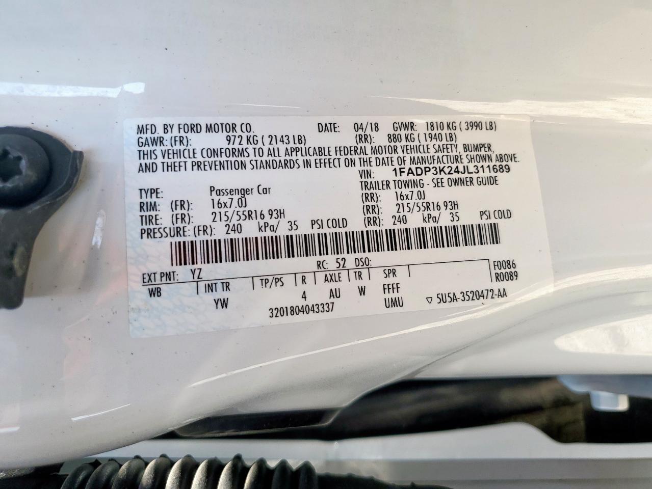 2018 Ford Focus Se VIN: 1FADP3K24JL311689 Lot: 56781535