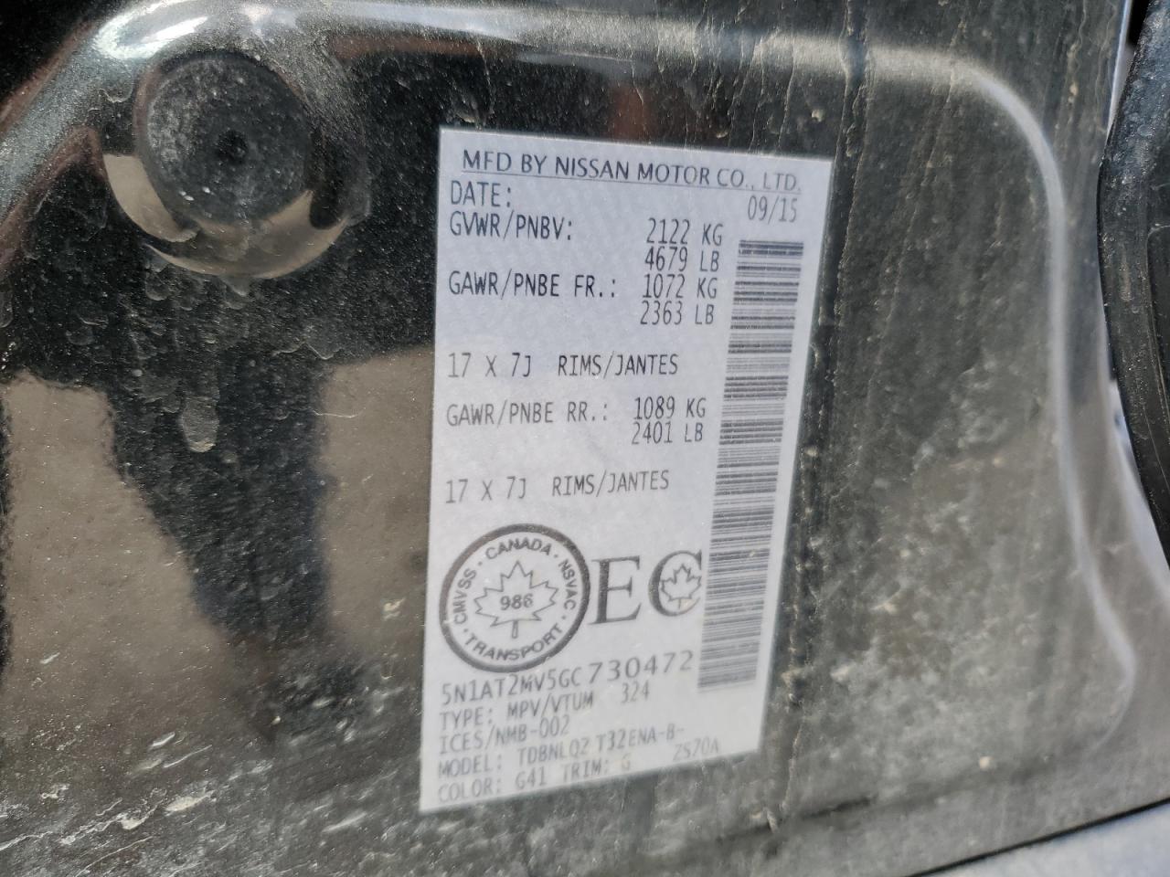 5N1AT2MV5GC730472 NISSAN ROGUE 2016